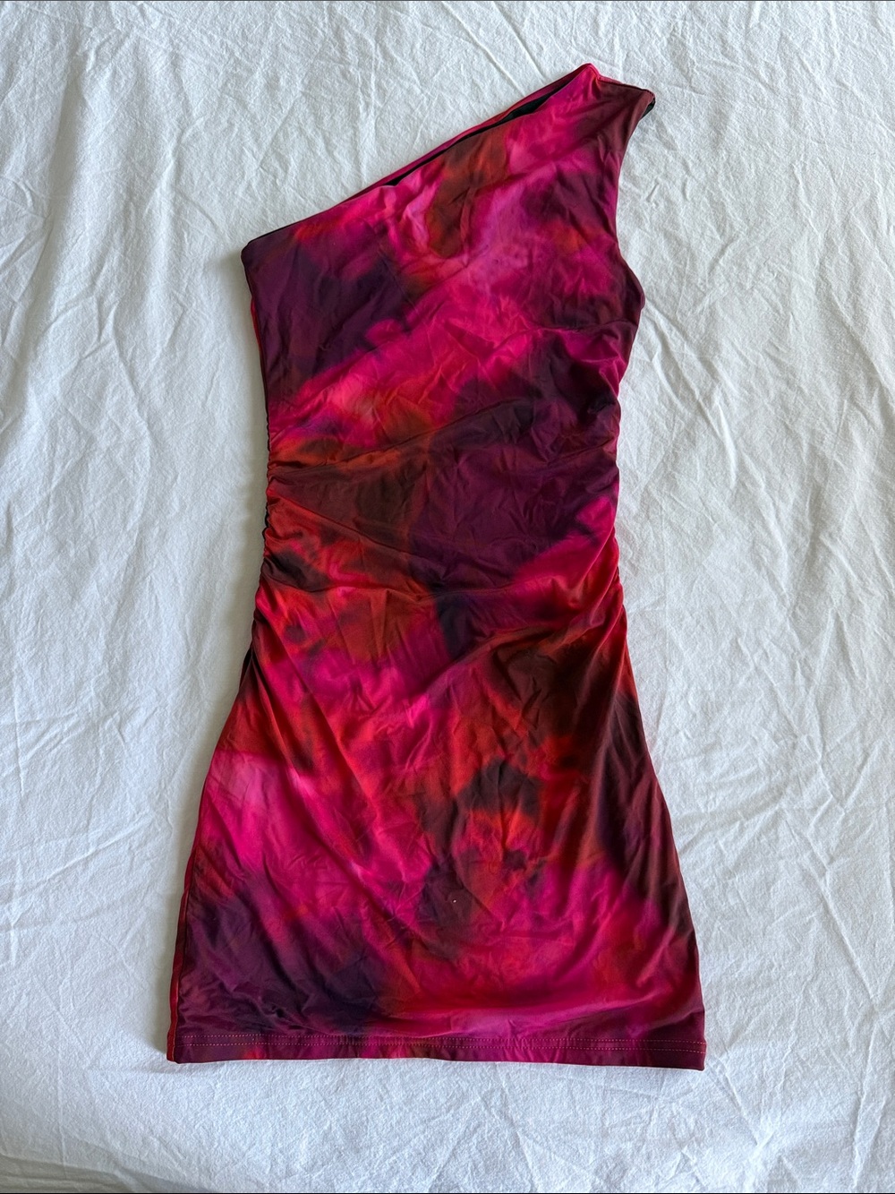 White Fox Boutique One-Shoulder Mini Dress in Magenta & Red Tie-Dye